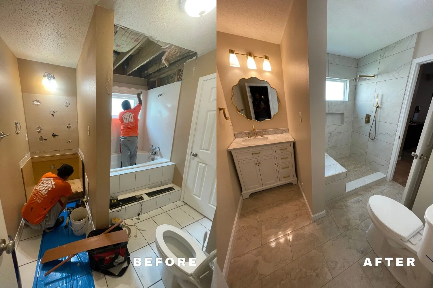 Bathroom remodel before and after In Harvey, Louisiana featuring new shower, vanity, and tile