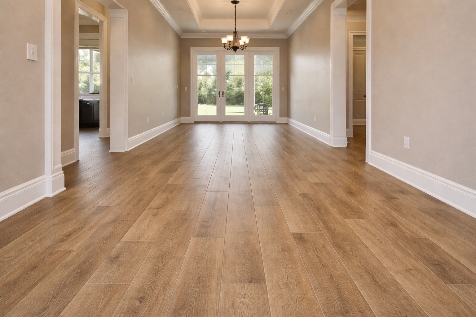 Luxury vinyl plank flooring installation in a modern residential home with clean transitions and natural lighting