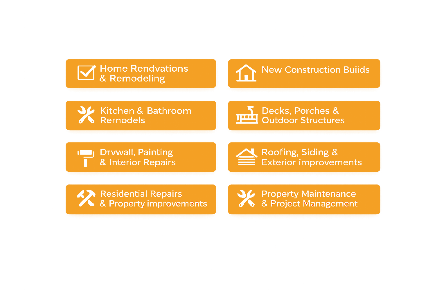 Grand Rising Construction services grid with eight orange (#F4A024) rounded buttons and white icons/text on a transparent background