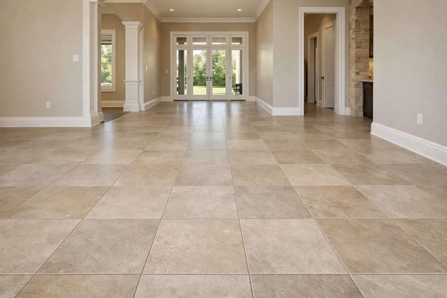 High-end tile flooring installation with large-format porcelain tile in a luxury residential home in Louisiana