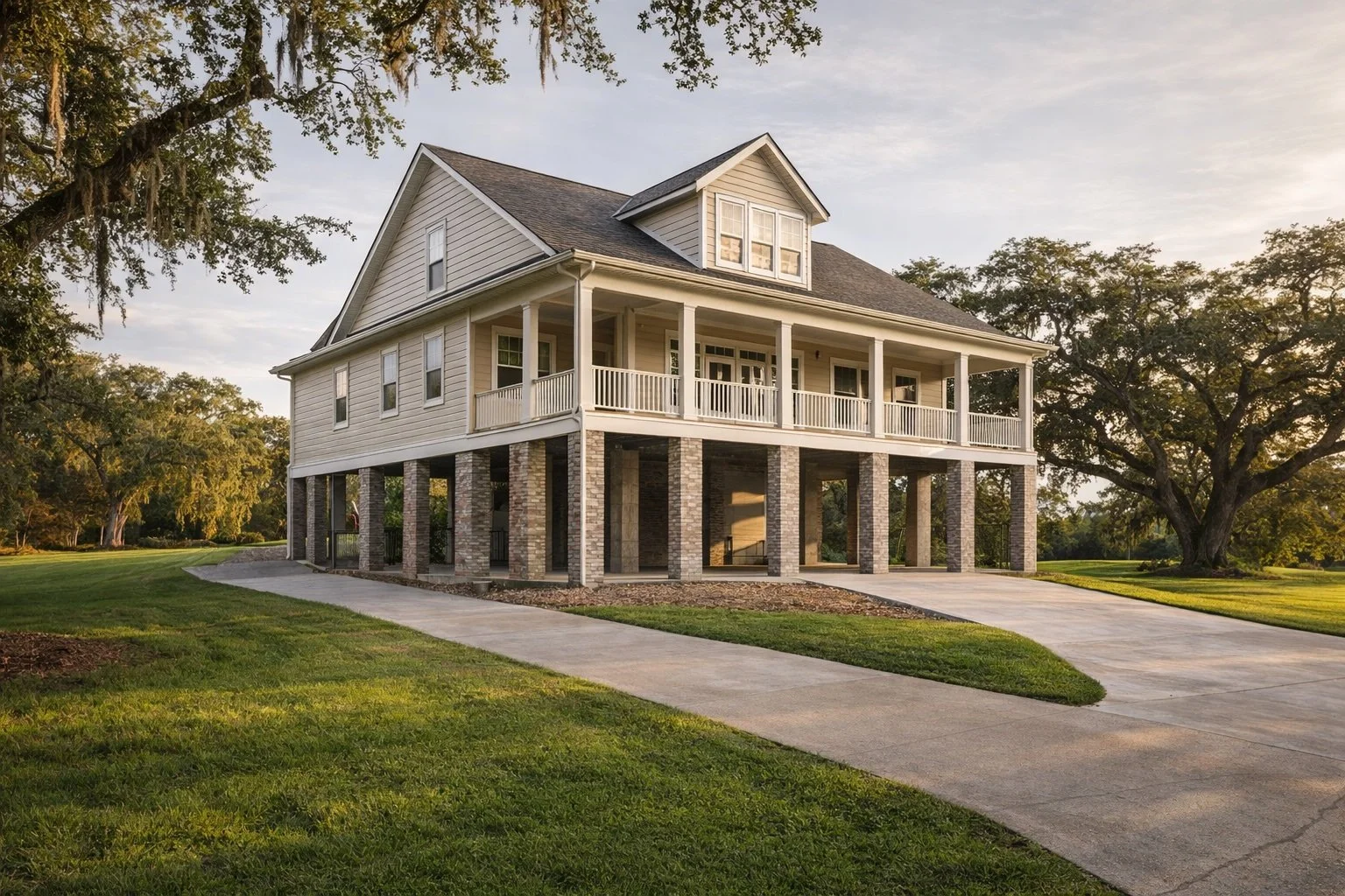 Flood-elevated custom home in Covington LA built for South Louisiana conditions with brick piers, wide porch, and proper drainage grading