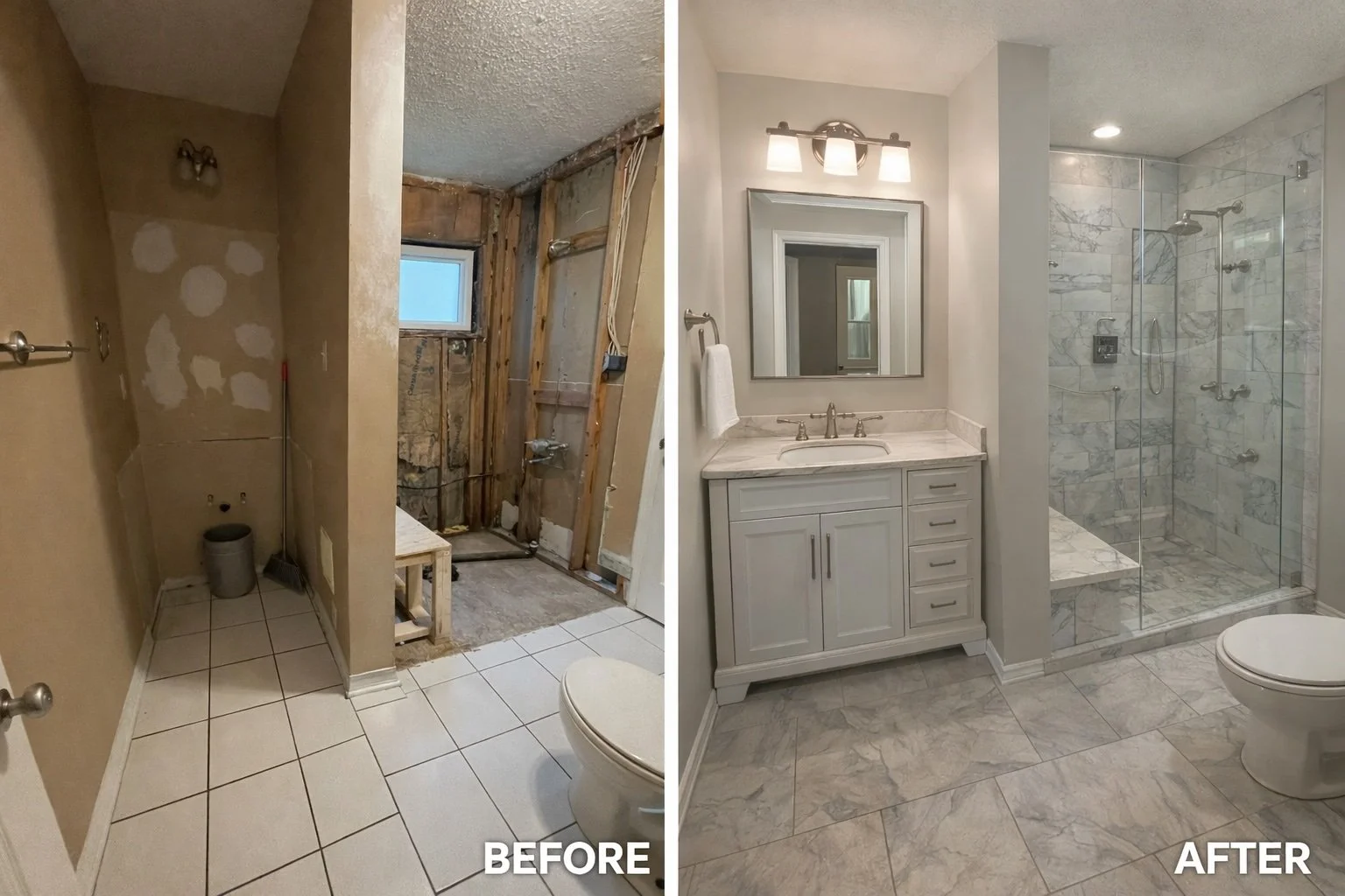 Bathroom remodel before and after on Northshore Louisiana featuring new shower, vanity, and tile