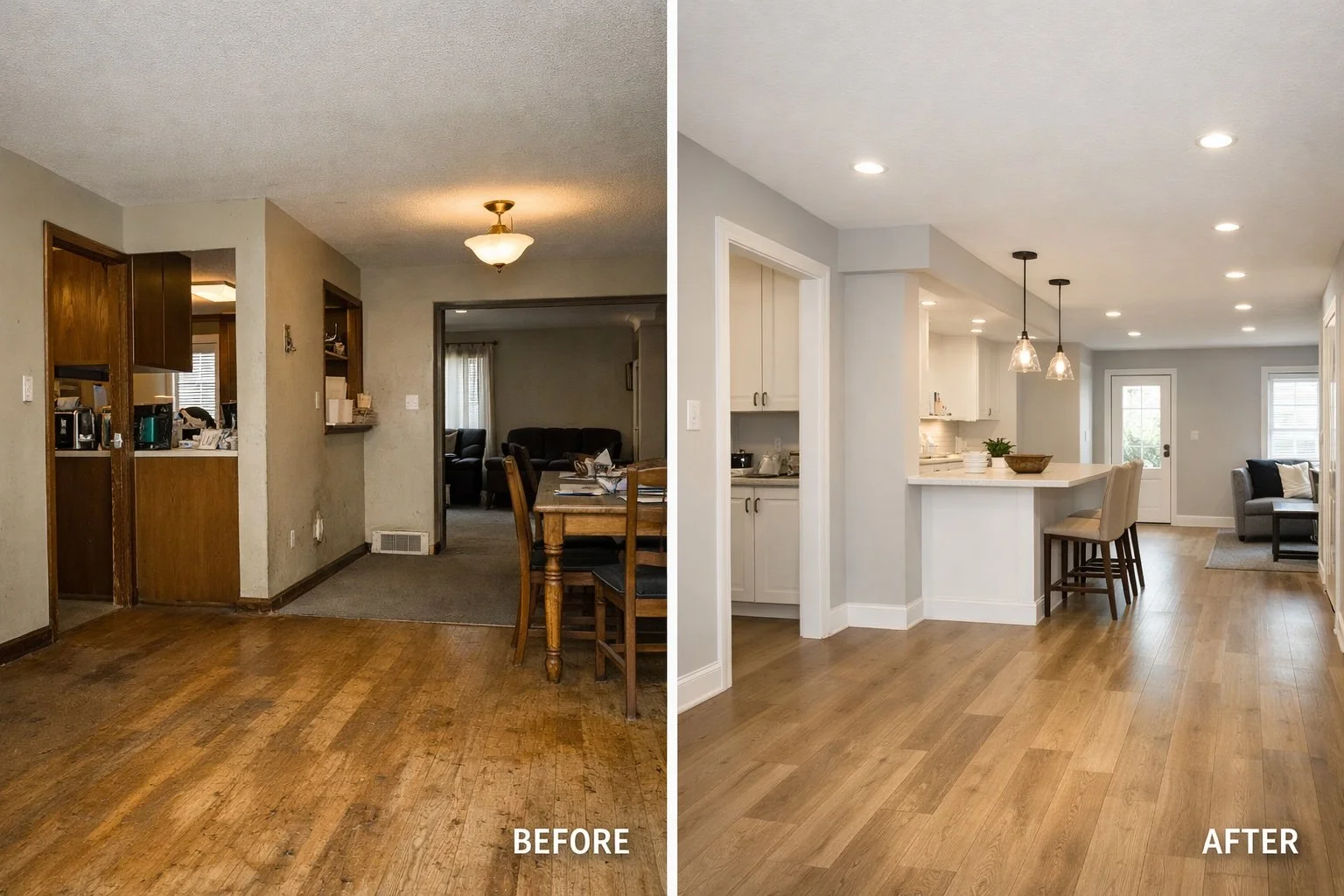 Before and after residential renovation in a Southern Louisiana home featuring new flooring, improved lighting, and open-concept design.
