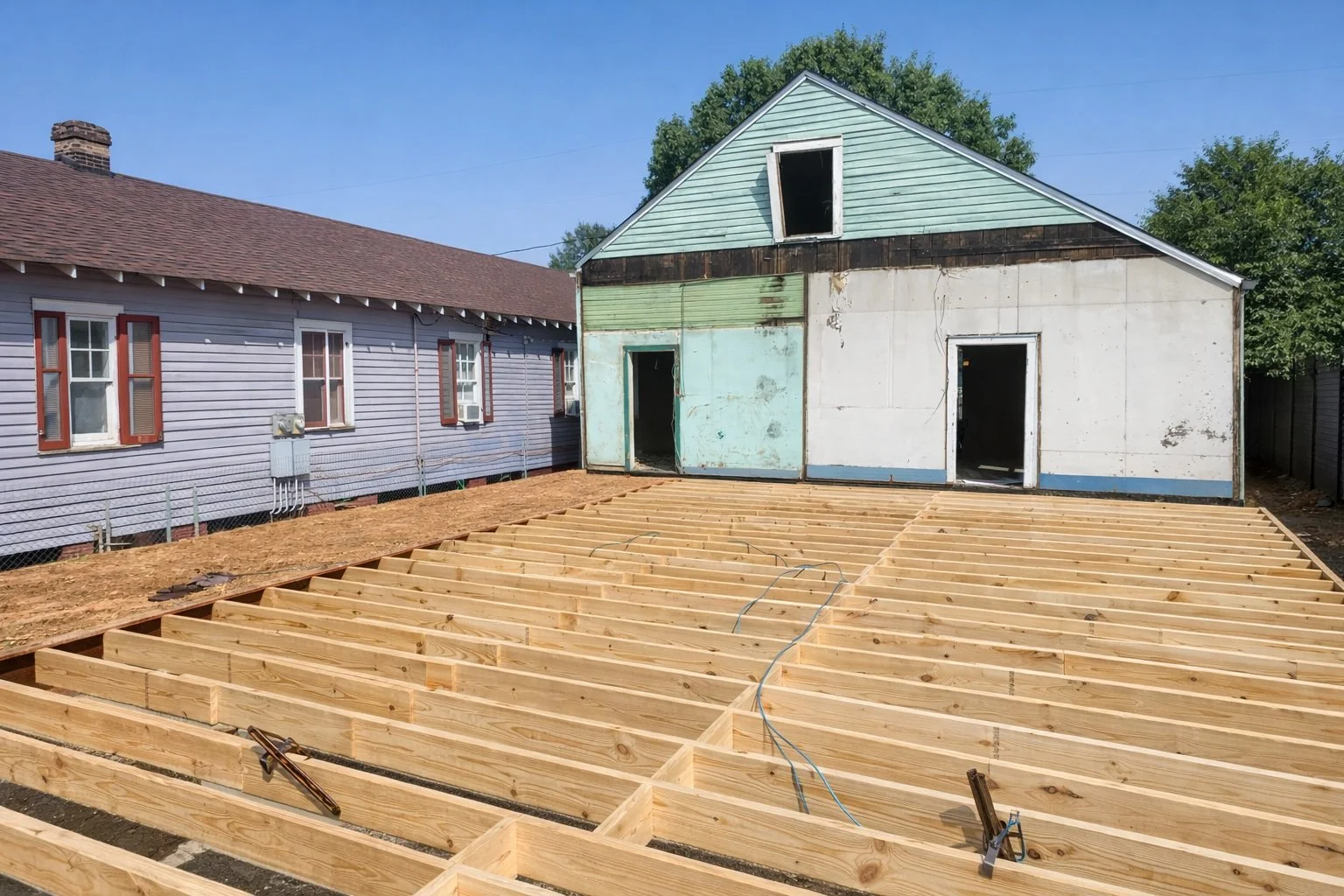 Wide-angle view of residential floor framing for an addition, showing new structural joists installed and ready for subfloor.