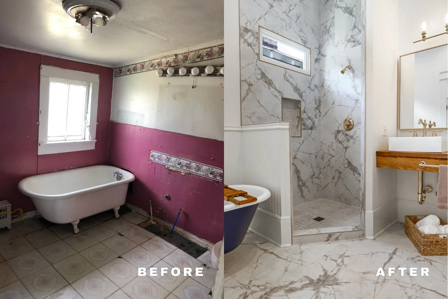 Bathroom remodel before and after in New Orleans, Louisiana featuring new shower, vanity, and tile