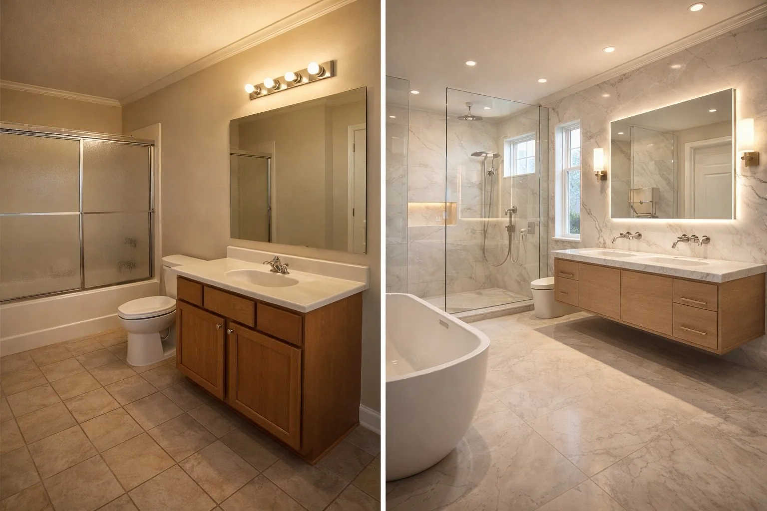 High-end spa-style bathroom renovation in Covington Louisiana with marble walls, rainfall shower, floating vanity, and freestanding tub.