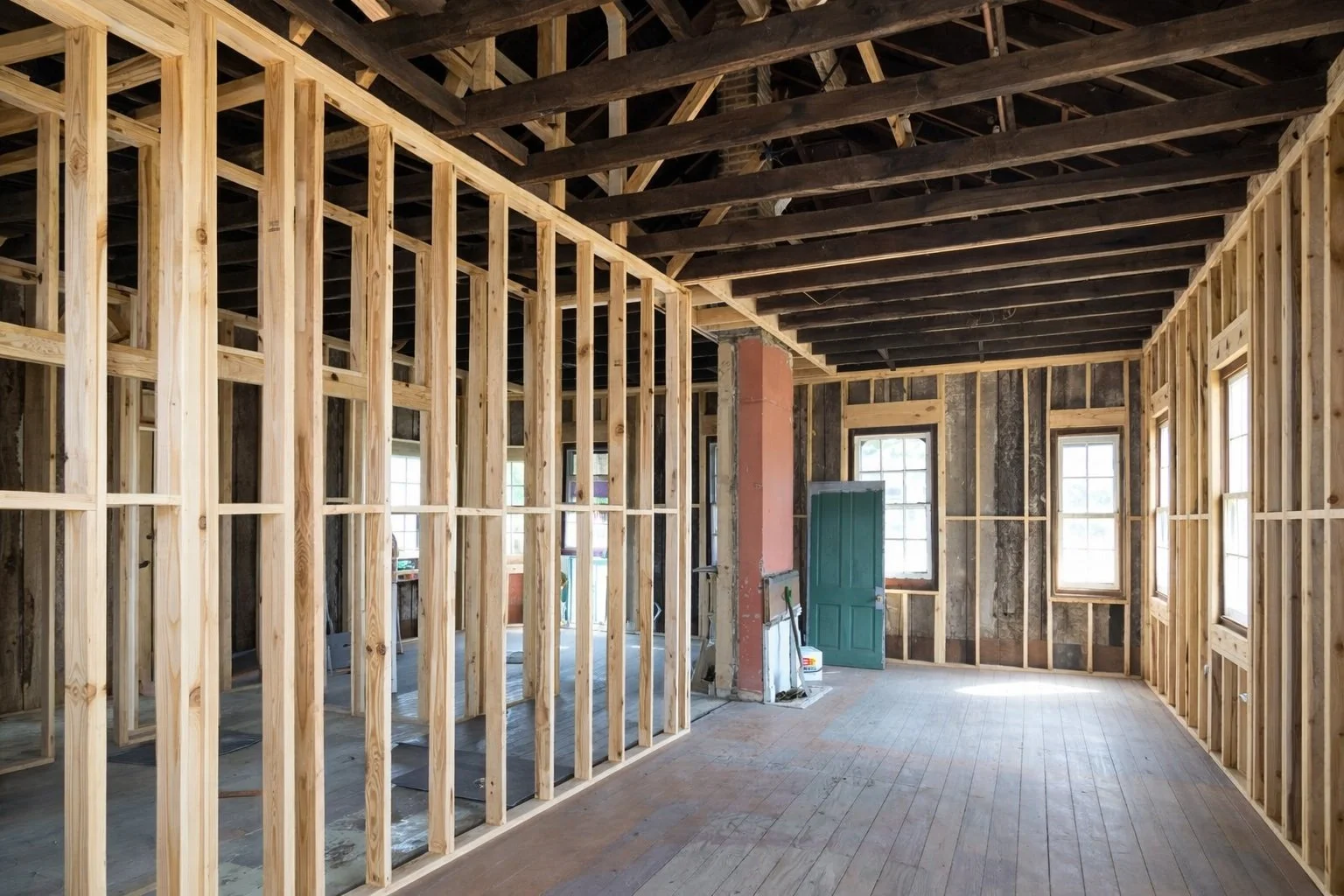 Interior remodel with new framing added to an existing structure during residential renovation.