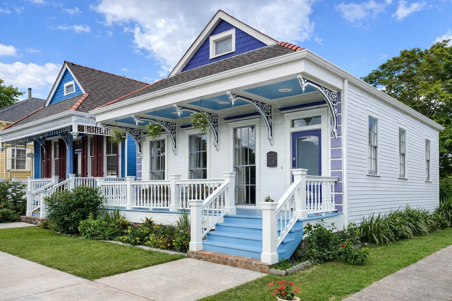 New Orleans historic cottage-style home exterior featuring a covered front porch, decorative brackets, custom railings, and landscaped yard in Algiers Point