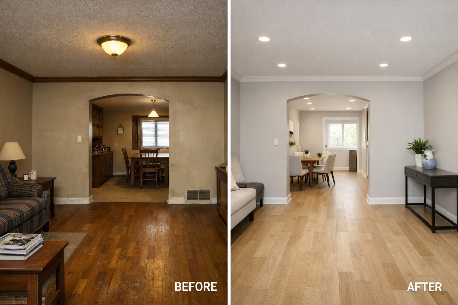 Before and after interior home renovation in Louisiana showing new flooring, open layout, and modern finishes.