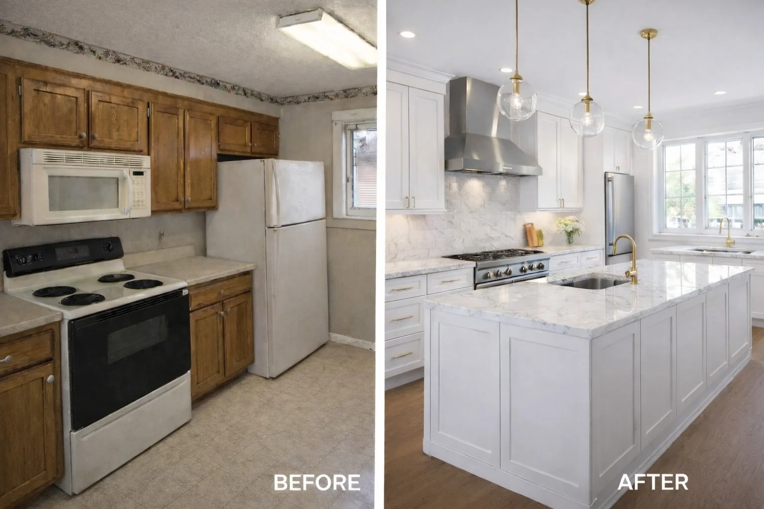 Kitchen remodel before and after by Grand Rising Construction in Covington Louisiana with modern cabinets and countertops