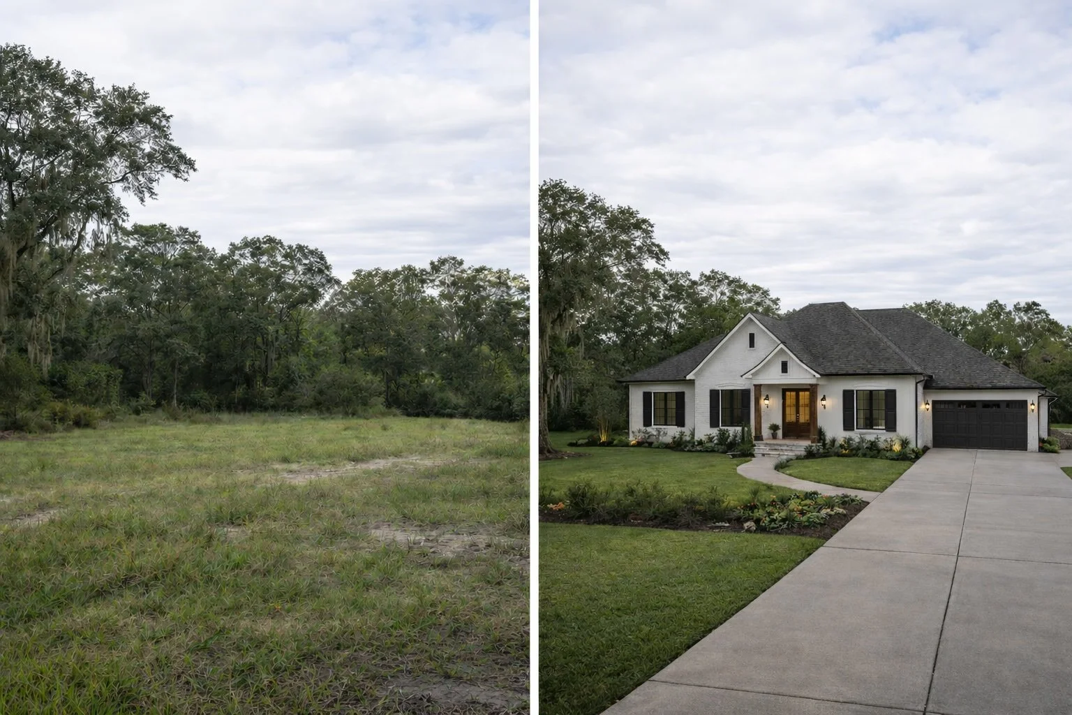 Before and after exterior transformation in Covington, Louisiana showing vacant wooded lot on the left and newly built custom Southern home with clean landscaping and concrete driveway on the right, photographed in natural balanced daylight.