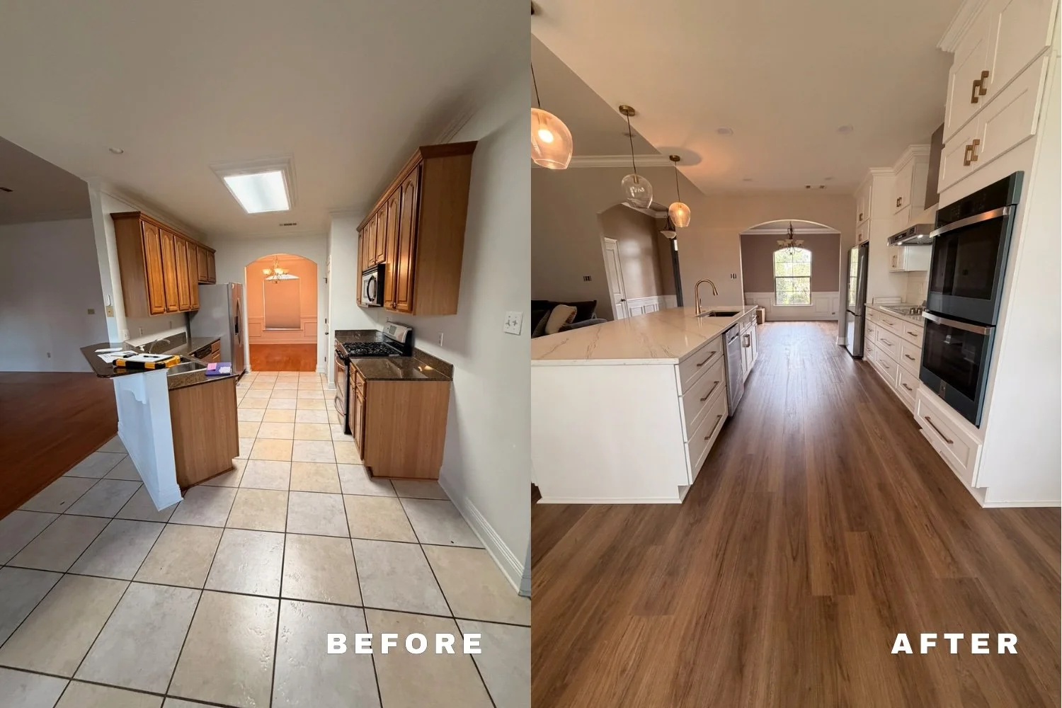 Kitchen remodel before and after by Grand Rising Construction in Madisonville, Louisiana with modern cabinets and countertops