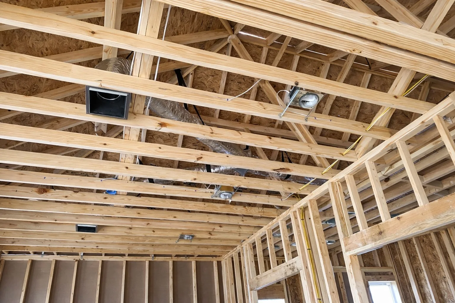 Interior ceiling framing with exposed wood joists, HVAC ductwork, and electrical rough-in during residential construction In mandeville, LA.