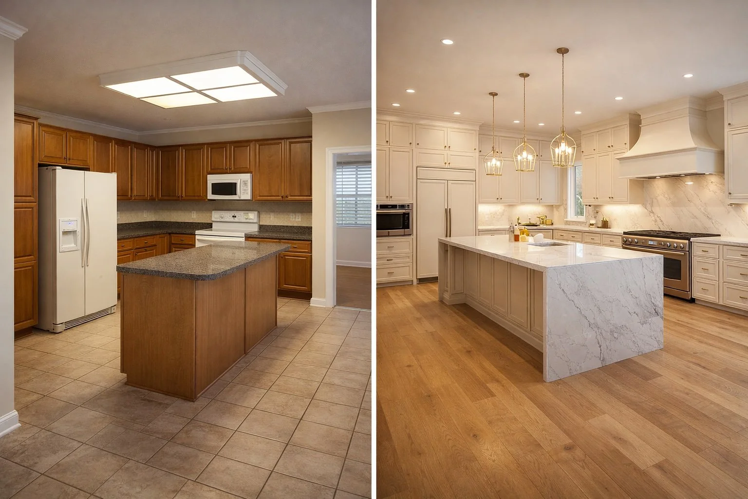 Before and after luxury kitchen remodel in Covington Louisiana featuring custom cabinetry, waterfall quartz island, and hardwood flooring