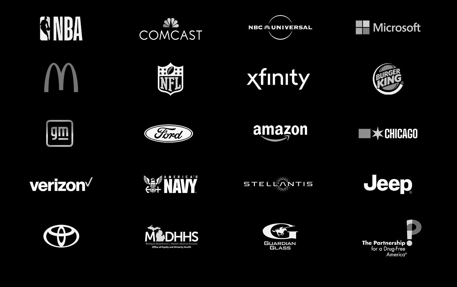 Collection of various corporate and organizational logos displayed on a black background.