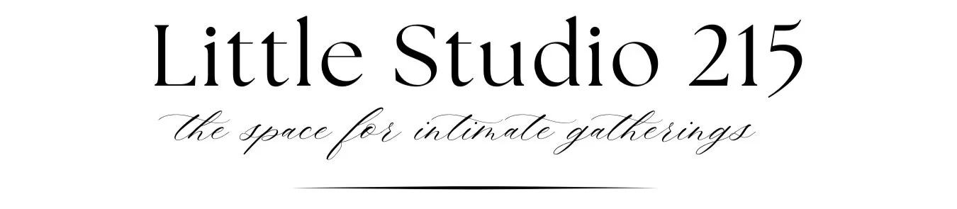 Logo for Little Studio 215 with the tagline "the space for intimate gatherings" in elegant script.
