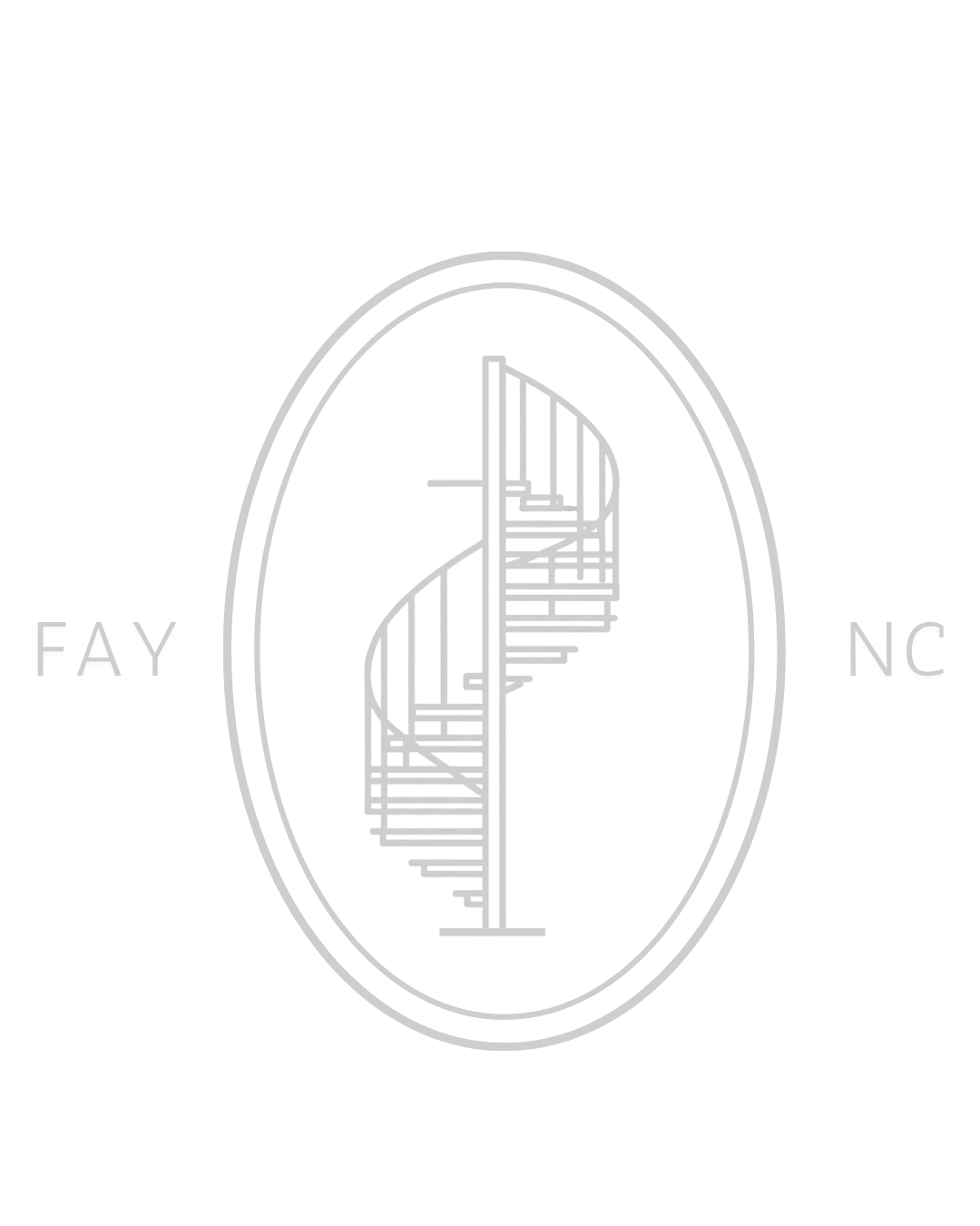 Line drawing of a spiral staircase inside an oval emblem with the letters 'FAY' on the left and 'NC' on the right.