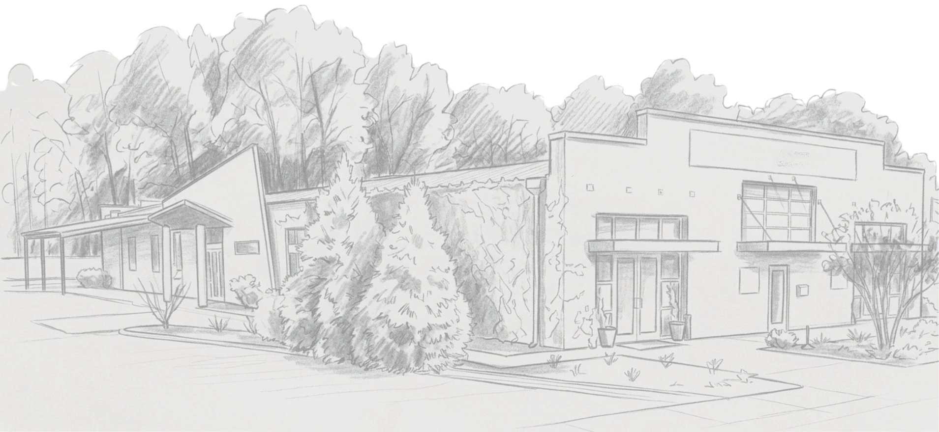 A detailed black and white architectural rendering of a modern residential building with large windows, balconies, and landscaped gardens, set against a backdrop of trees and a wooded area.