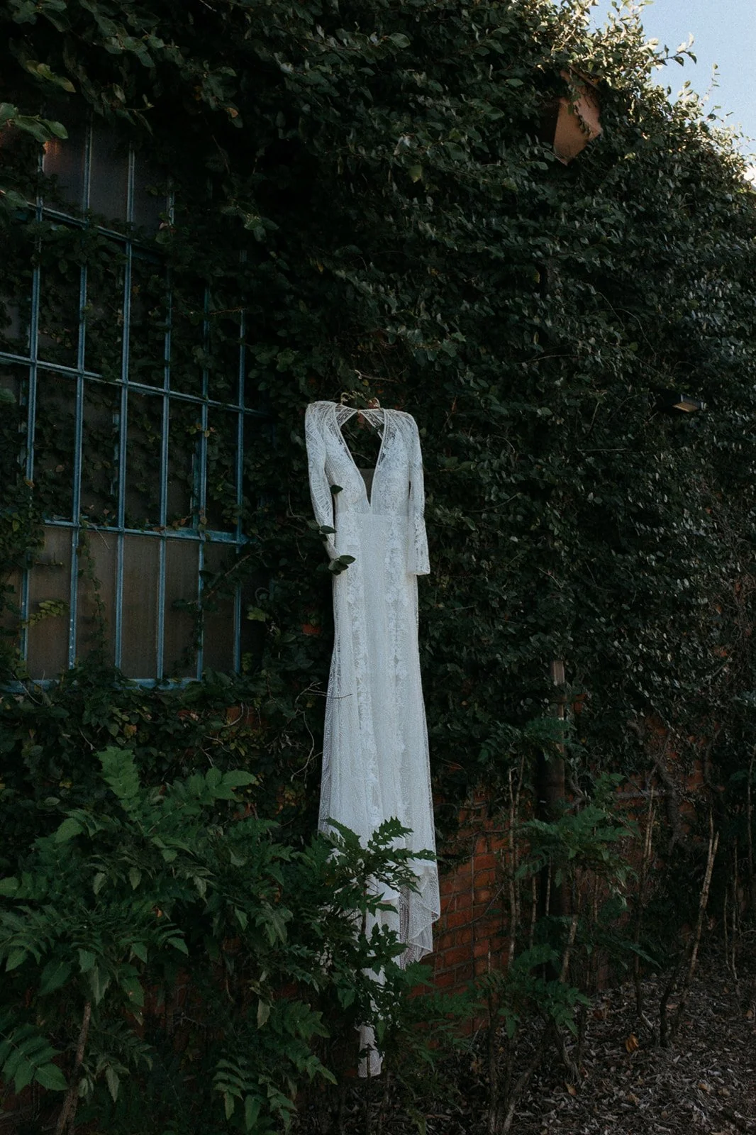 A white wedding dress hung on a hanger outside among greenery, with a brick wall and a trellis in the background