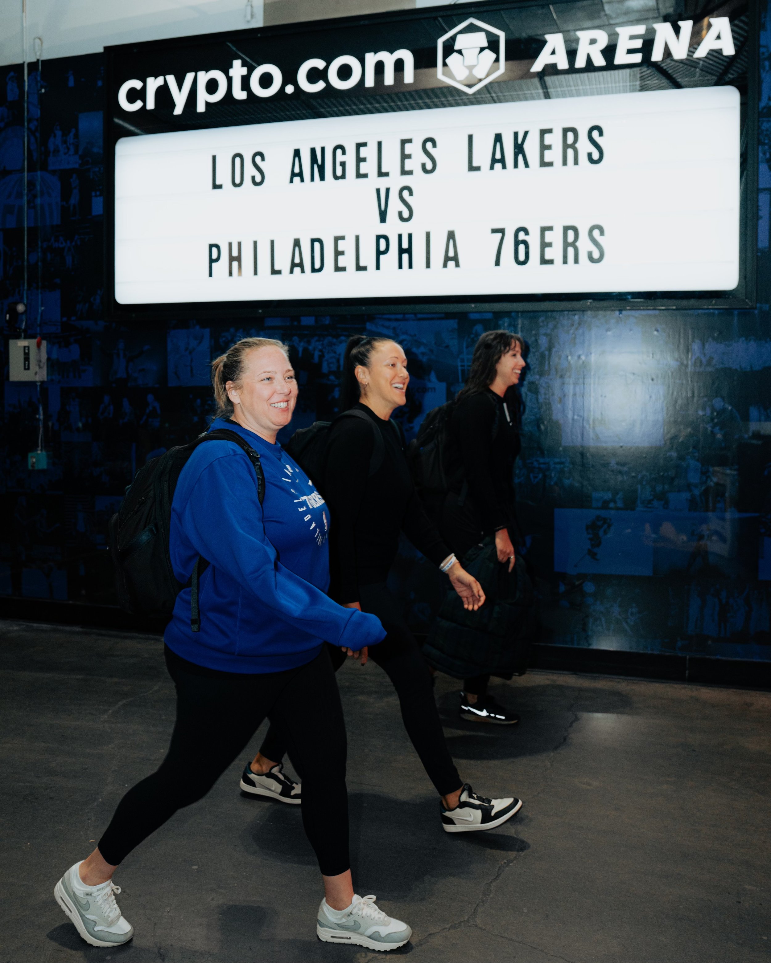 Kelly McDuffie, Emily Zaler and I enter the Crypto.com arena for our game in Los Angeles