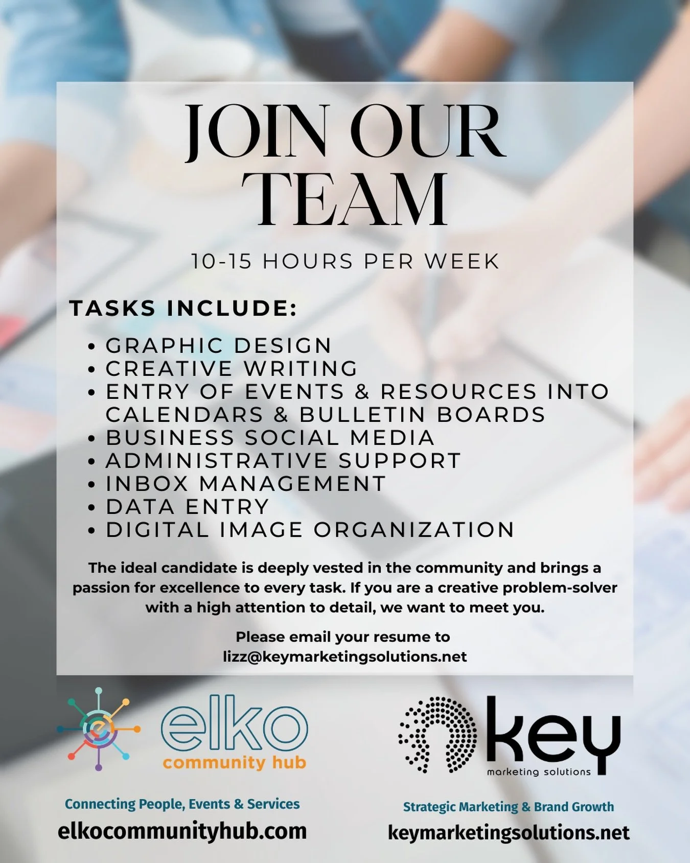 JOIN OUR TEAM! Are you a creative multi-tasker looking for a flexible part-time role? We&rsquo;re hiring for a 10-15 hour/week position supporting our marketing and administrative efforts.

If you have high attention to detail and a heart for the com