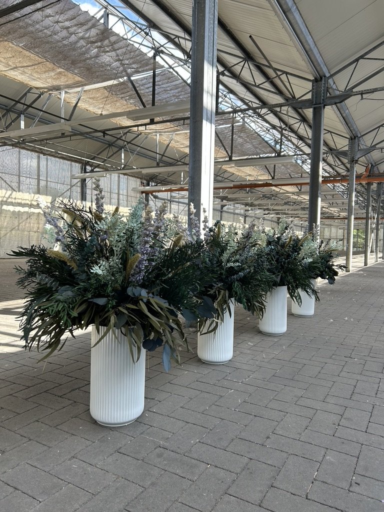 Weiße Blumenvasen mit grünem und lilafarbenem Blumenarrangement in einem Gewächshaus