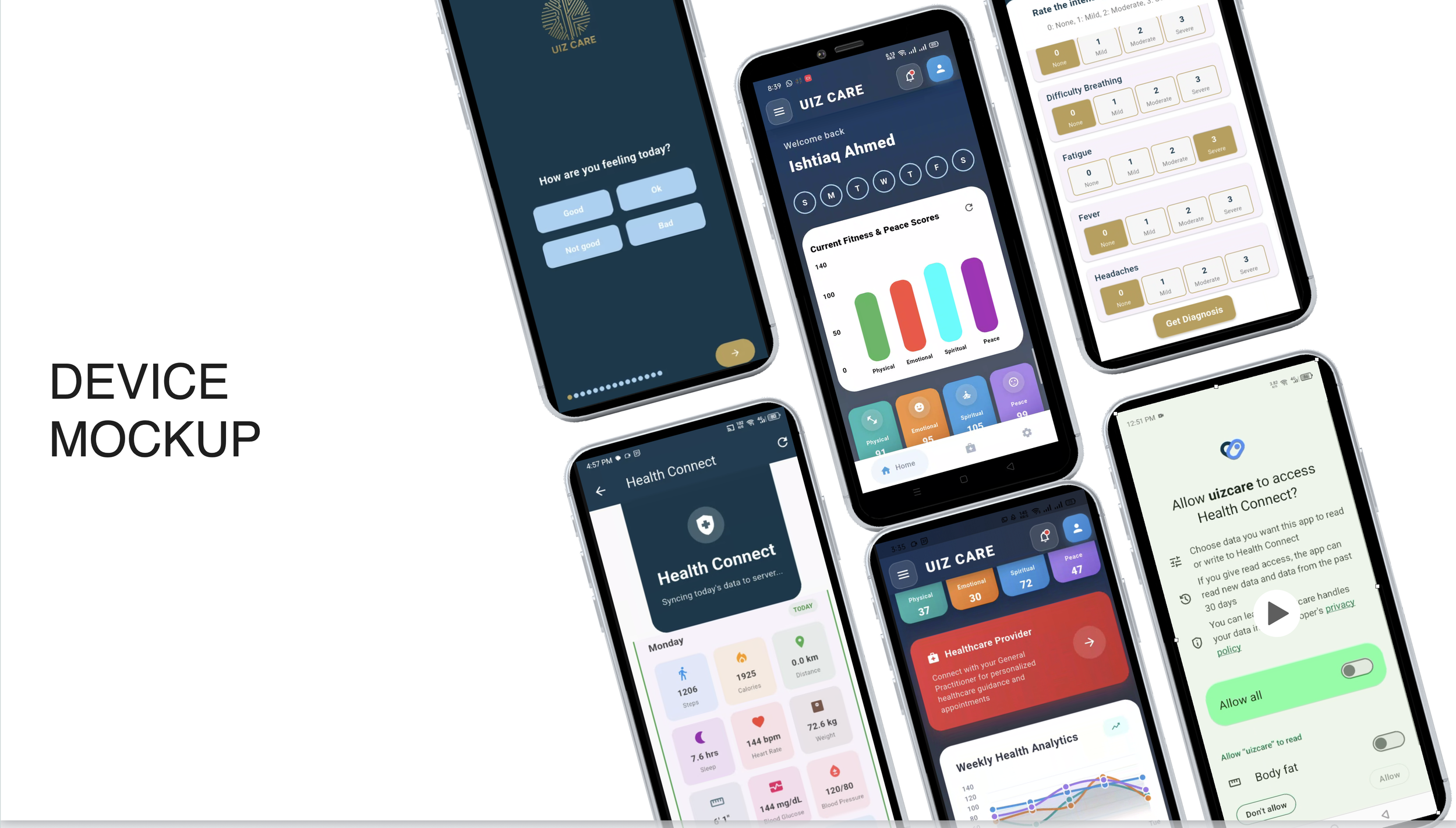 Mockup of multiple smartphone screens displaying health and wellness mobile app interfaces, including mood tracking, health data synchronization, fitness scores, symptom assessment, and privacy permissions.