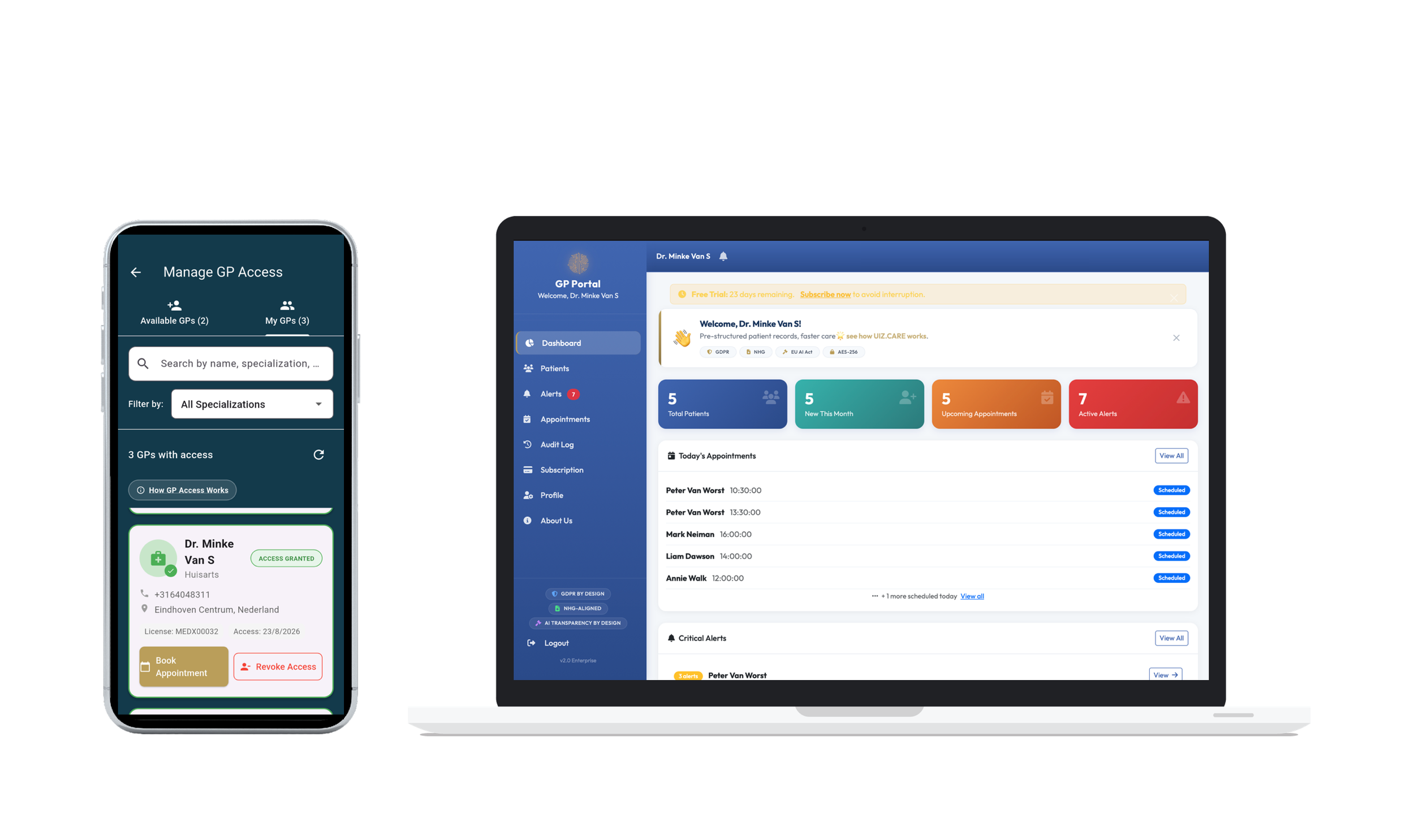 Mobile phone and laptop screens displaying medical and healthcare management interfaces, including patient records, appointment scheduling, and healthcare provider access.