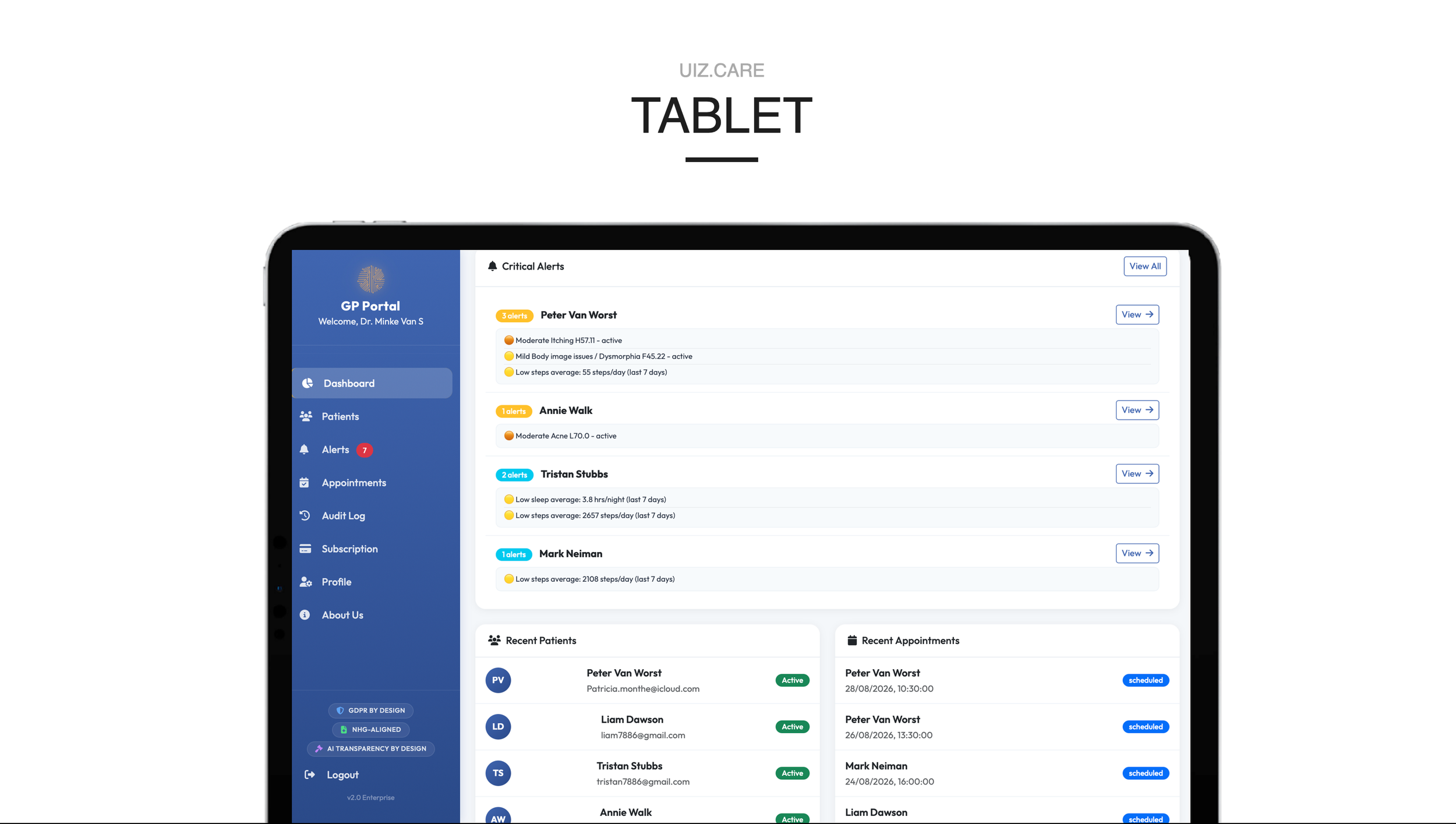 A digital medical dashboard displayed on a tablet screen showing patient alerts, recent patients, appointments, and account navigation options.