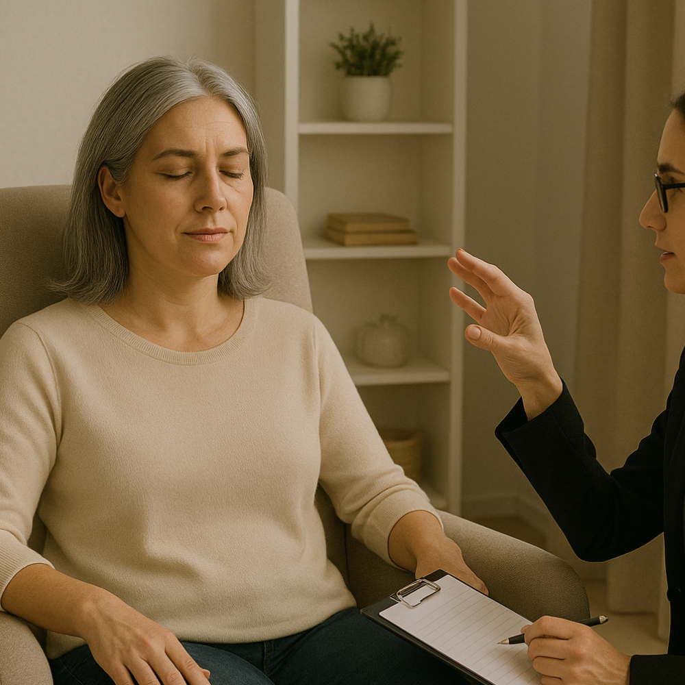 A woman with gray hair and closed eyes sitting in a beige chair during a therapy session with a therapist, who is speaking and holding a notepad.