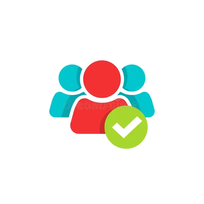 Icon of one large red person in front of two smaller blue people with a green checkmark