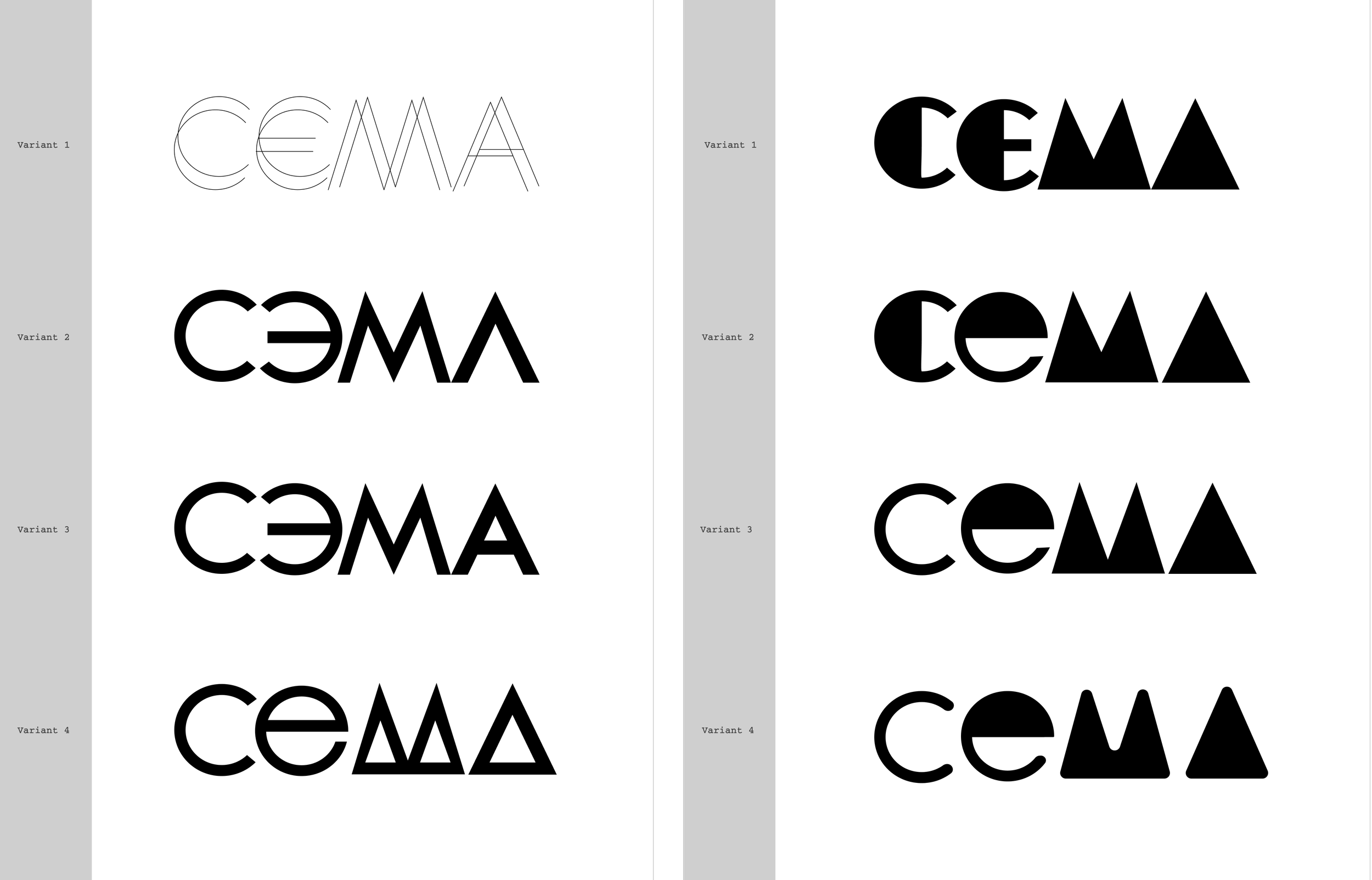  These were part of the initial round of typeface iterations. While other iterations may be based on existing typefaces, these first drafts were drawn from scratch and inspired by basic Modernist concepts and the geometry of circles and triangles. 