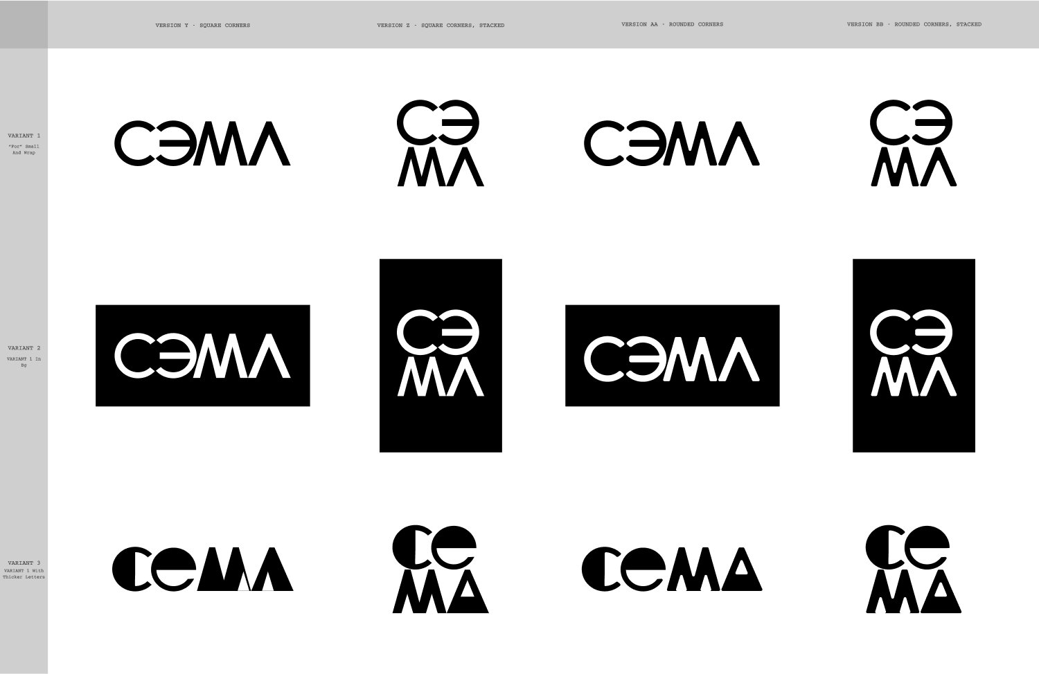  These were part of the second round of iterations. Here, we started exploring versions on dark and light, and continued to experiment with the overall aesthetic of the main acronym. 