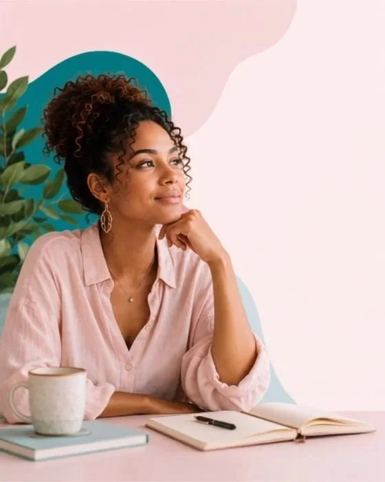 Jeune femme aux cheveux bouclés, assise à une table, pensant, avec un carnet, un stylo et une tasse, fond coloré