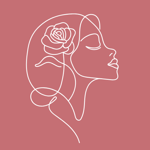 Illustration minimaliste d'une silhouette de femme avec une rose dans ses cheveux, dessin au trait blanc sur fond rose.