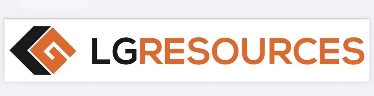 Logo for LG Resources, featuring a black and orange geometric icon to the left of the company name in black and orange text.