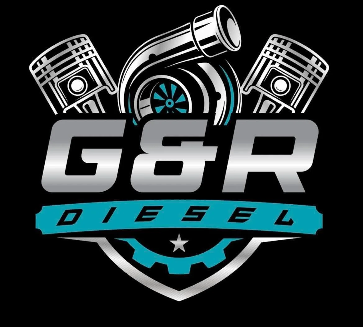 G&R Diesel logo featuring a turbocharger, pistons, and a gear, with bold silver and blue text.