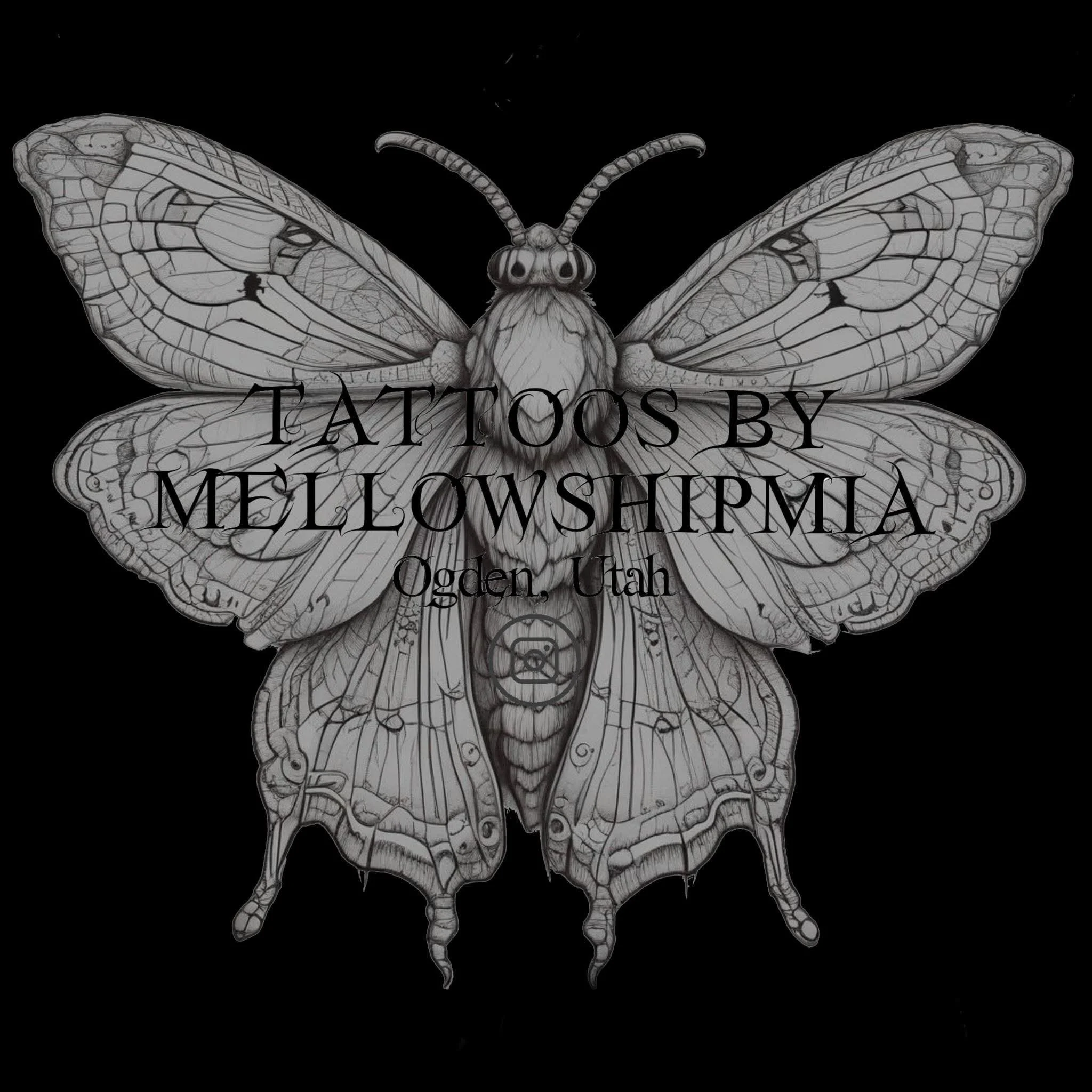 A detailed black-and-white sketch of a moth with symmetrical wings, antennae, and body, with overlaying text that reads 'Tattoos by Melly Cowsharma, Ogden, Utah'.