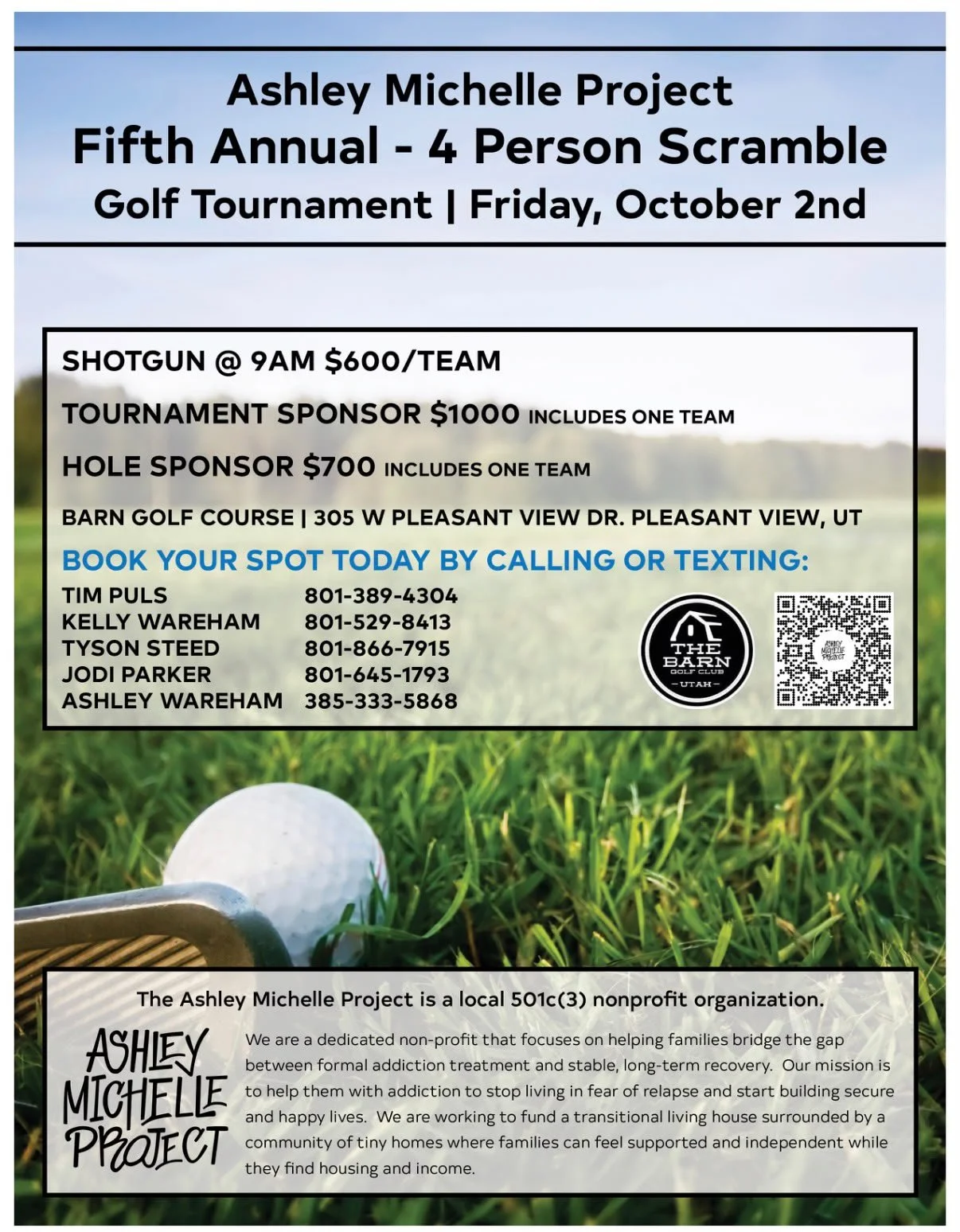 Flyer for the Ashley Michelle Project's fifth annual golf tournament on October 2nd, featuring event details, sponsorship options, contact information, a QR code, and a background image of a golf course with a golf ball and club.