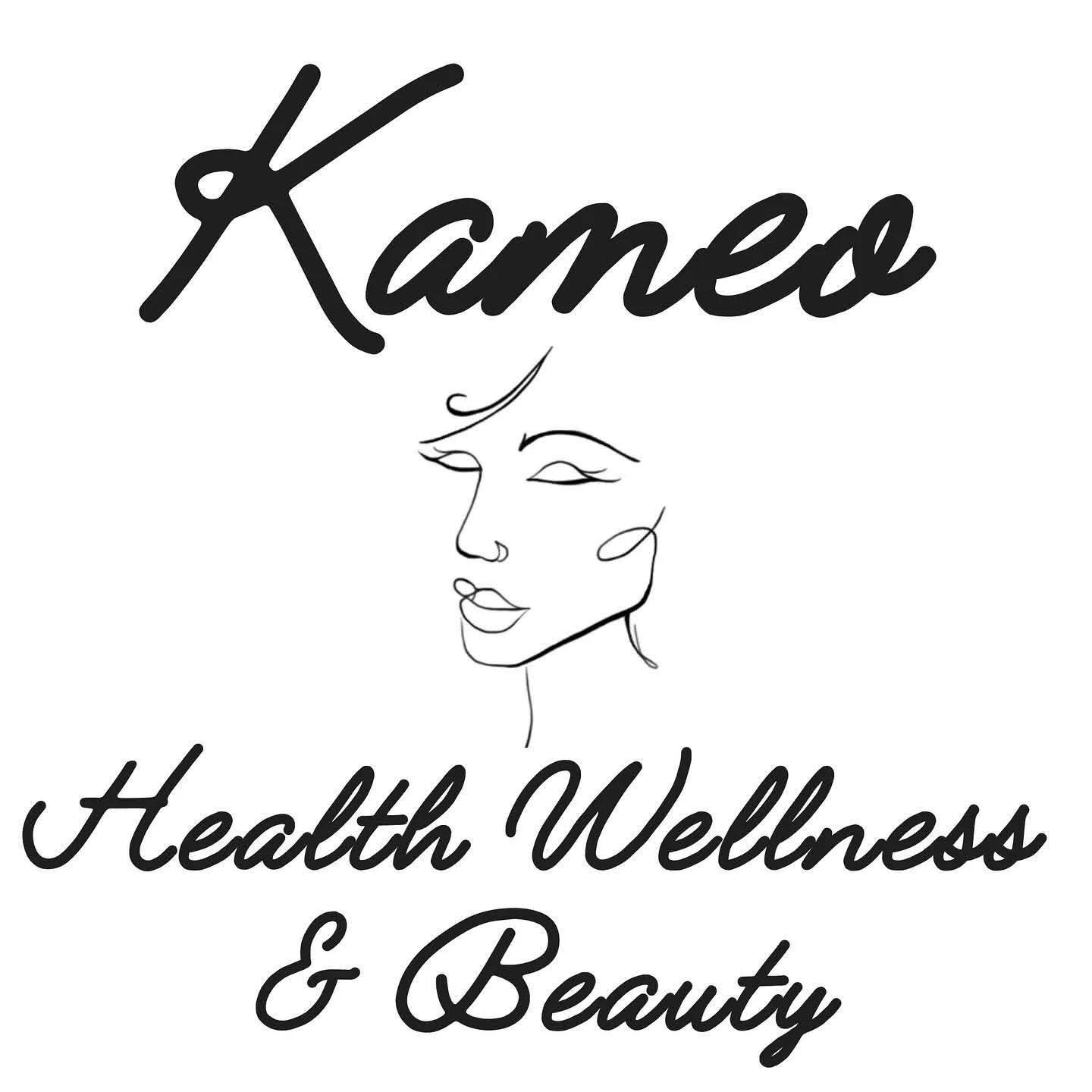 Stylized logo with the word 'Kames' in black cursive font at the top, a minimalistic line drawing of a woman's face below it, and the phrase 'Health, Wellness & Beauty' in cursive at the bottom.