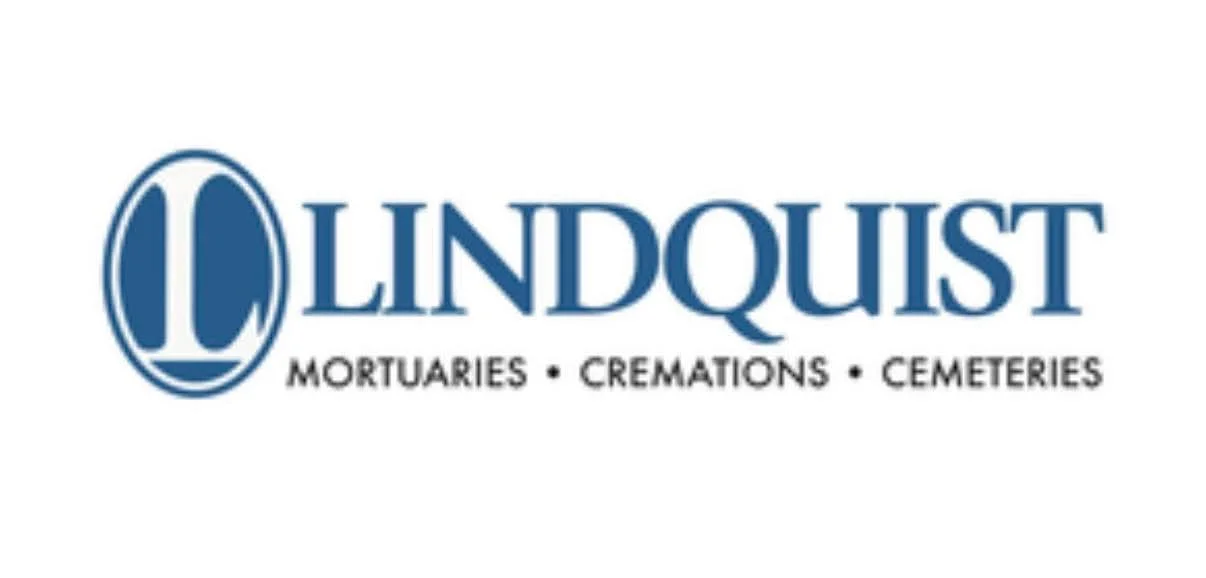 Lindquist logo with a circular emblem and text below that reads Mortuaries, Cremations, Cemeteries
