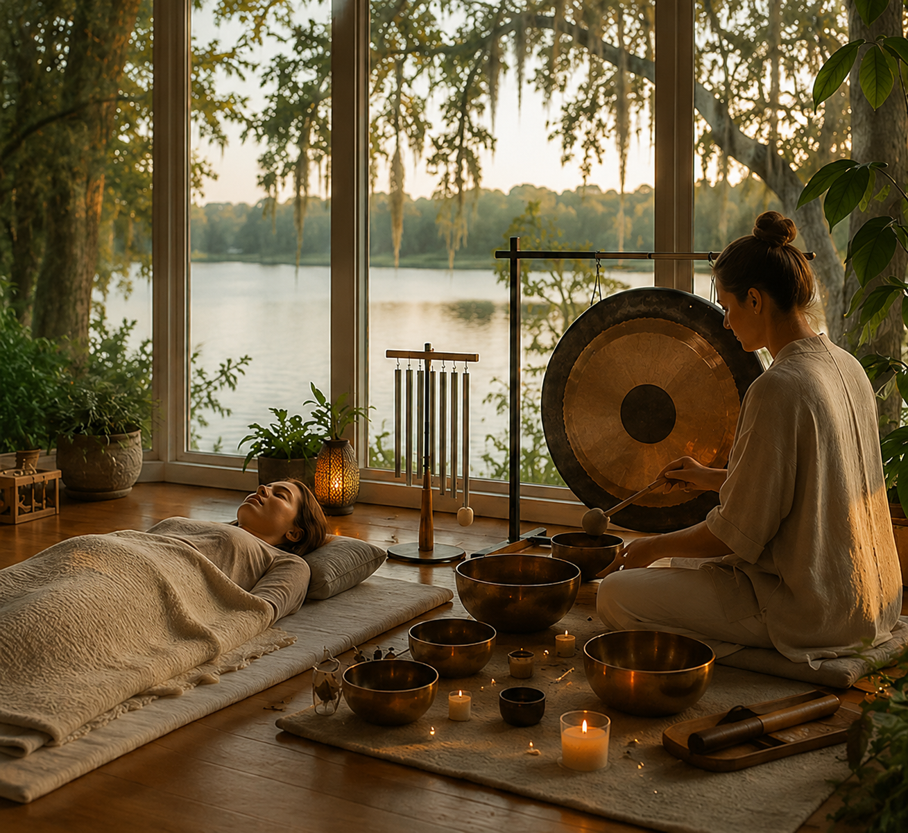 Women enjoying a sound healing session in a room with large windows overlooking a lake, with bowls, candles, and a gong.