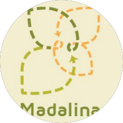 Colorful dashed knot diagram with green, orange, and yellow lines, labeled 'Madalina' at the bottom.
