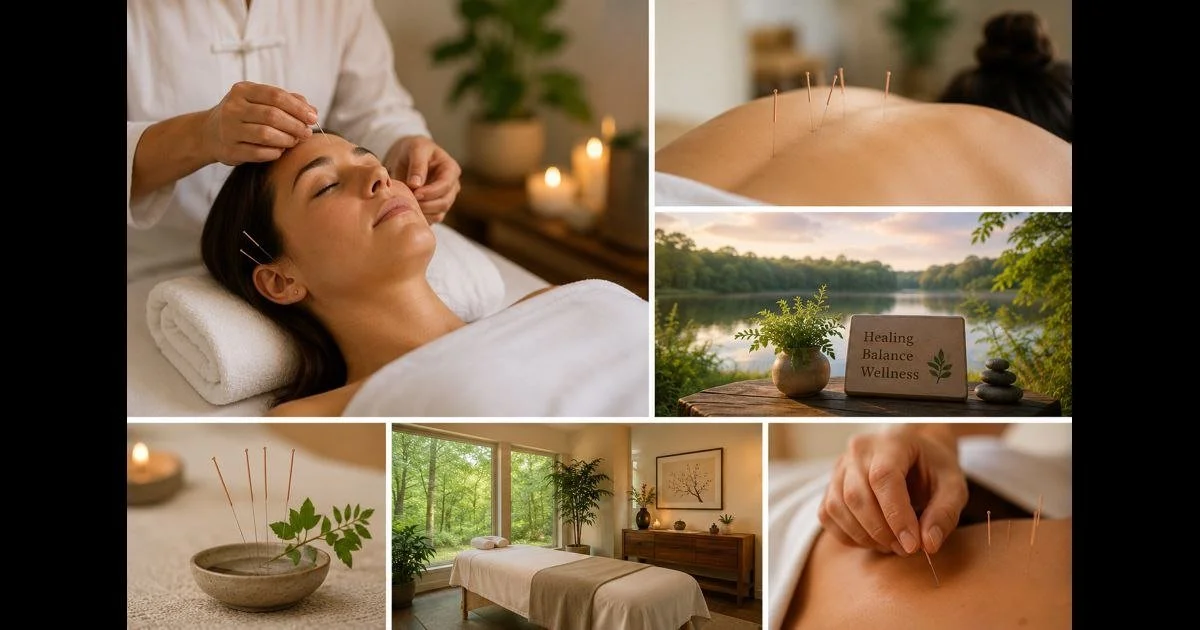 Multiple scenes of an acupuncture therapy session, including a woman receiving acupuncture on her face and back, close-up of acupuncture needles in a bowl with leaves, a peaceful massage room with a bed near large windows, a serene lake with a sign reading 'Healing Balance Wellness,' and a lit candle.
