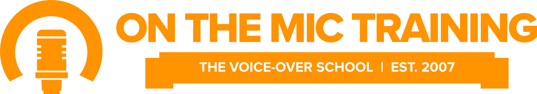 On The Mic Training logo featuring a microphone icon and the words "The Voice-Over School | Est. 2007."