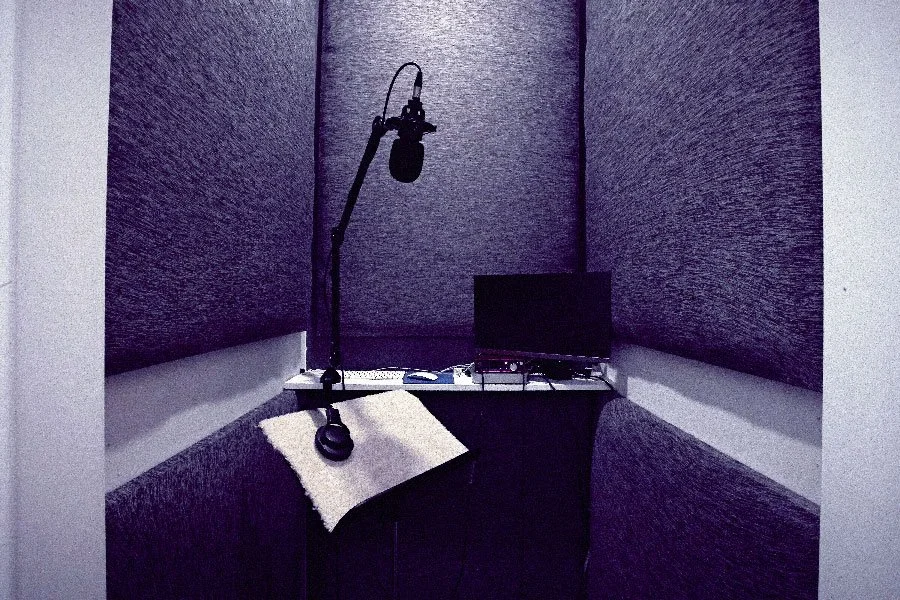 Soundproof voice-over recording booth with a studio microphone, computer monitor, and acoustic wall panels.