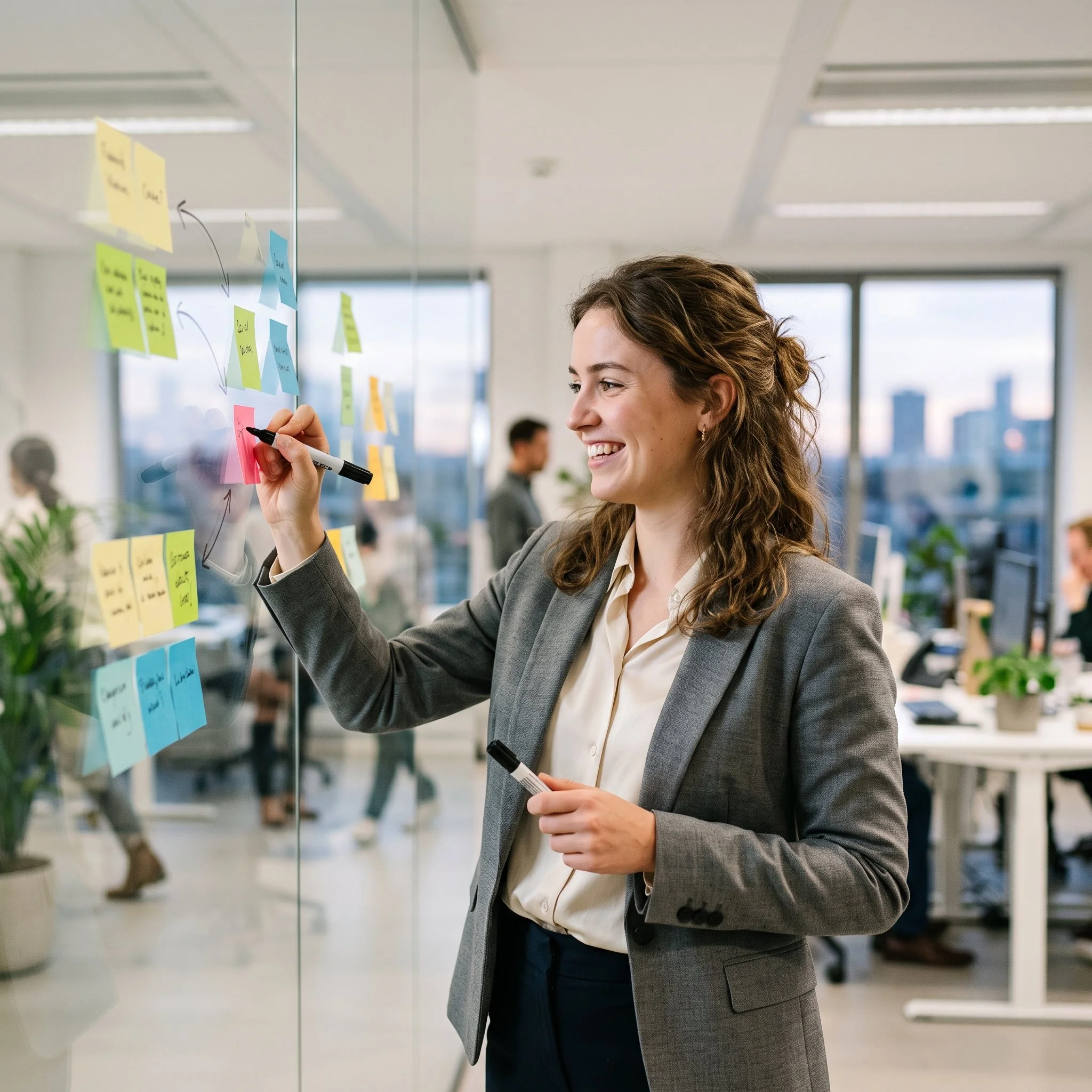 A smiling woman in a blazer writing on a glass office wall covered in colorful sticky notes.