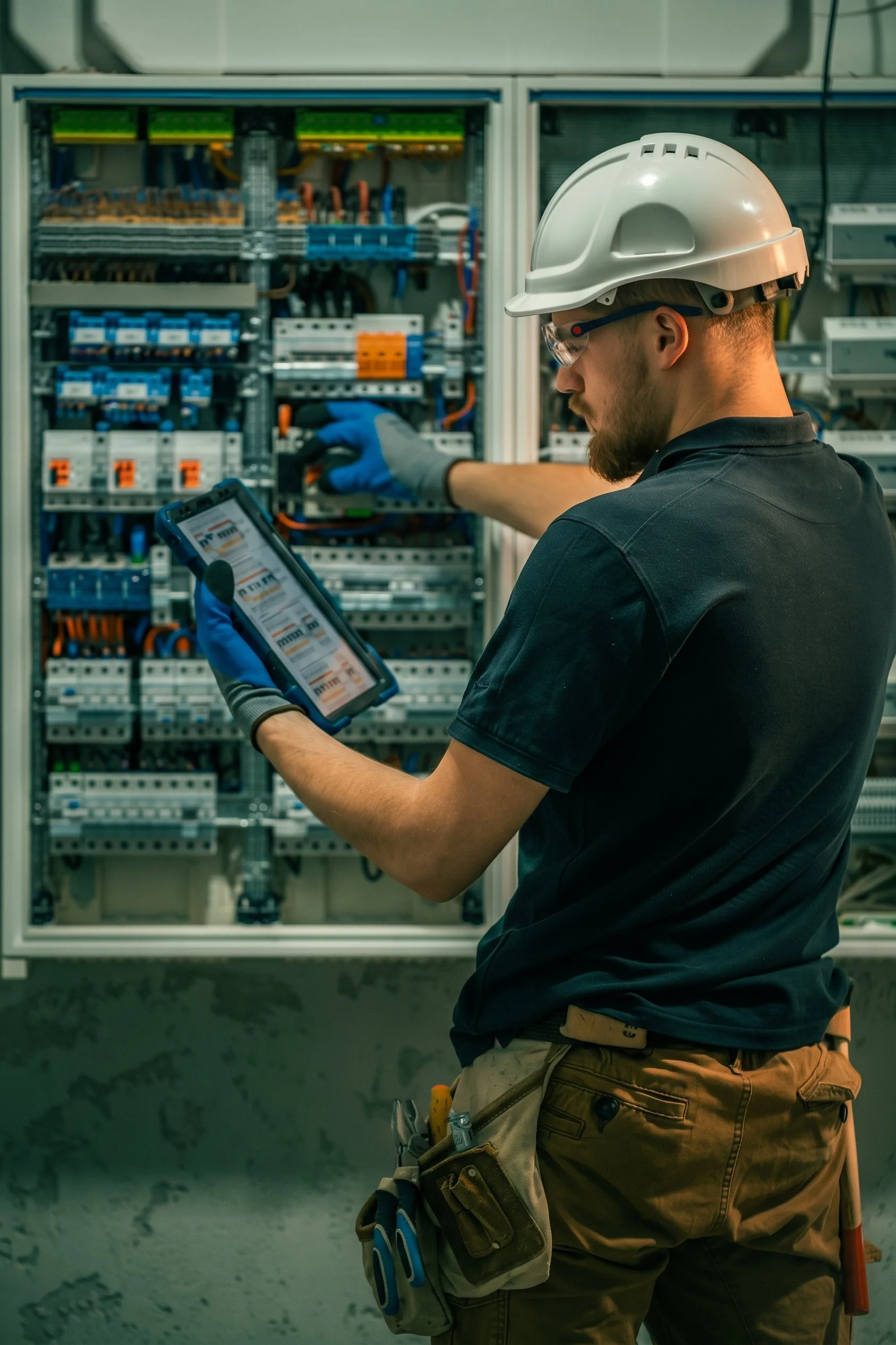 An electrician in a white hard hat and safety glasses inspects an open electrical panel while using a tablet.