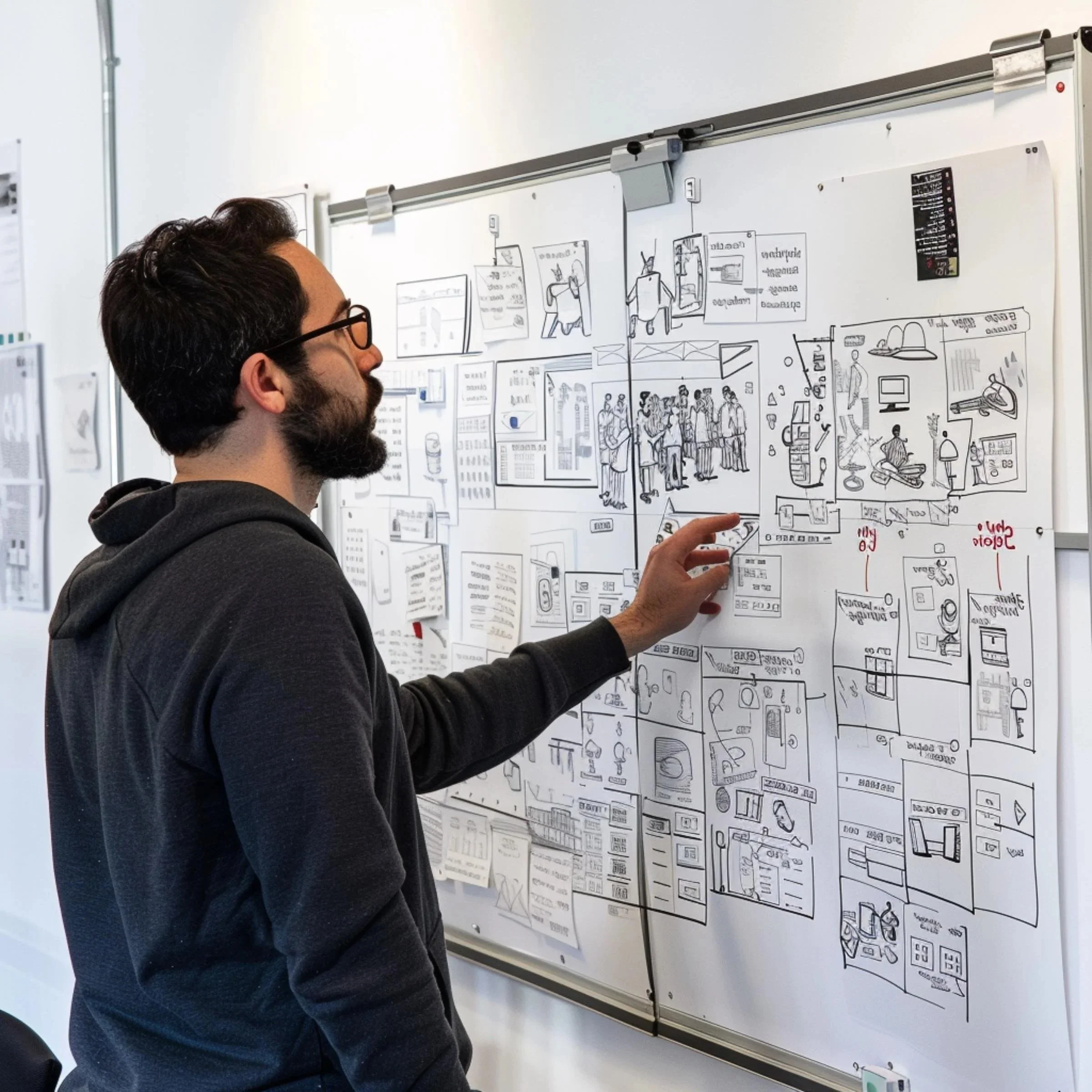 A man pointing to a whiteboard covered in sketches and diagrams.