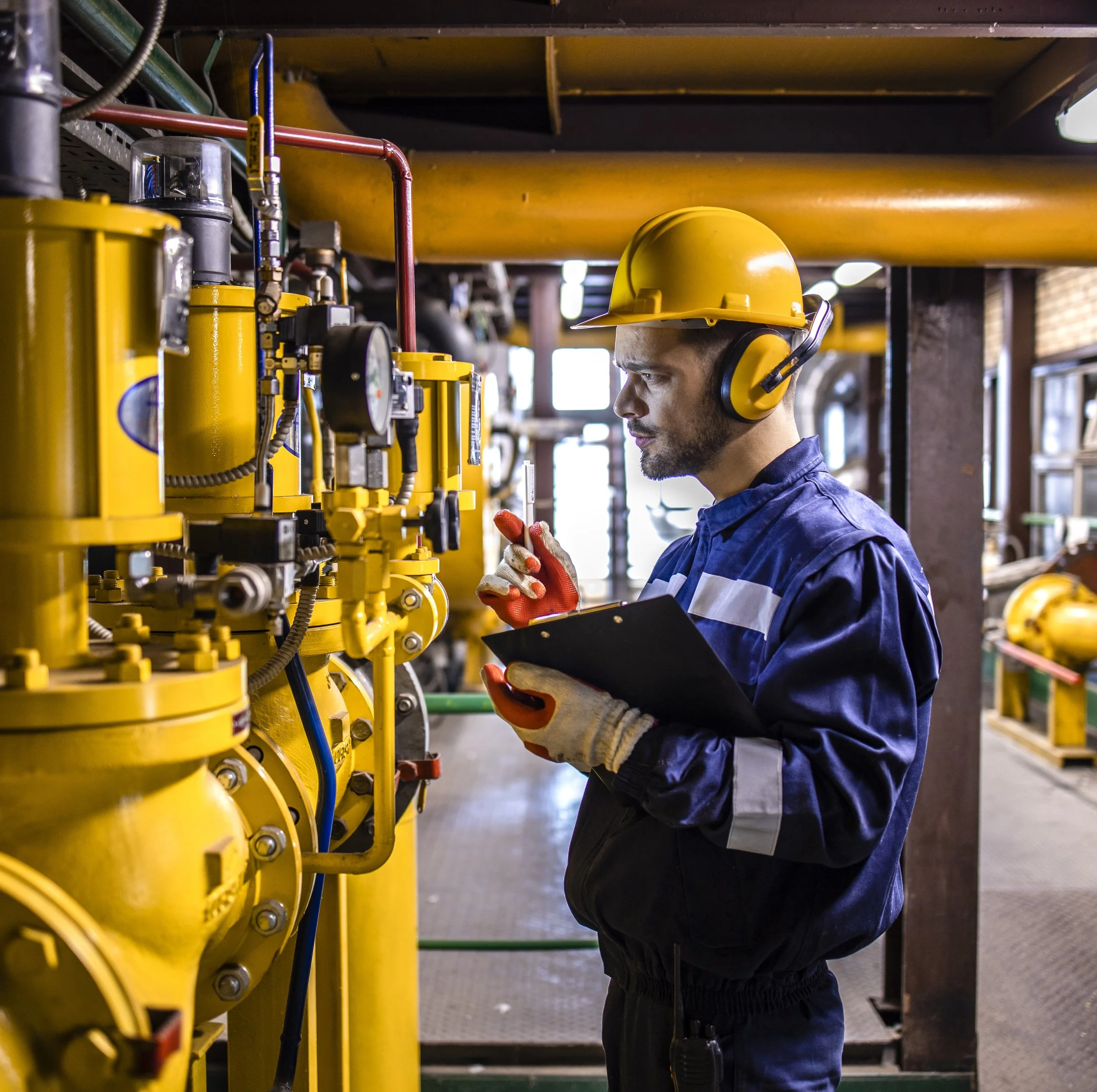 A technician in a yellow hard hat and work uniform inspects industrial machinery while holding a clipboard and a small test tube.